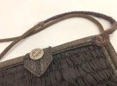 Womens, Purse, N/L, Espresso Brown, Bronze Metallic, Silk, Solid, Small Clutch Purse, Silk with Metallic Fabric at Clasp and Tab Closure, Smocking Near Top, 1 Button/Loop Closure, Metallic Cord. Strap, Lining is Taupe Silk **Strap is Worn