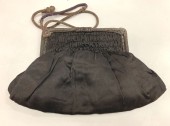 Womens, Purse, N/L, Espresso Brown, Bronze Metallic, Silk, Solid, Small Clutch Purse, Silk with Metallic Fabric at Clasp and Tab Closure, Smocking Near Top, 1 Button/Loop Closure, Metallic Cord. Strap, Lining is Taupe Silk **Strap is Worn