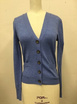 Womens, Sweater, J. CREW, Lt Blue, Wool, Heathered, XXS, V-neck, Button Front, Long Sleeves, 2 Pockets, Ribbed Knit Cuff/Waistband