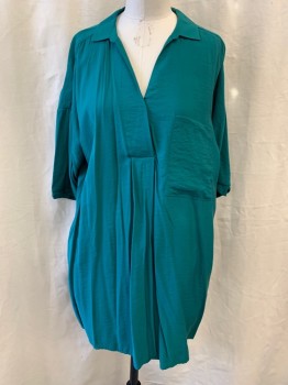 Womens, Dress, Short Sleeve, WHISTLES, Emerald Green, Cotton, Solid, M, Pullover, Collar Attached, Button Front, Long Sleeves, 1 Breast Pocket, 2 Side Pockets