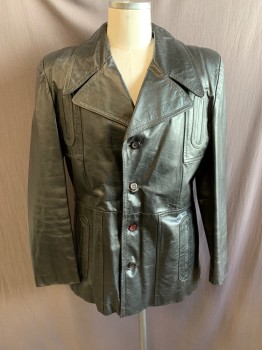 Mens, Leather Jacket, NO LABEL, Black, Leather, 44, Wide Lapel, Single Breasted, Button Front, 2 Faux Pockets at Chest, 2 Pockets at Waist, With Removable Liner