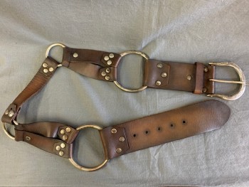Unisex, Sci-Fi/Fantasy Belt, N/L, Brown, Dk Brown, Leather, Metallic/Metal, S, Leather with Silver Rings, Trio of Rivets