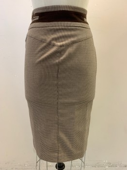 Womens, Suit, Skirt, BEBE, Beige, Brown, Dk Brown, Polyester, Viscose, Houndstooth, 4, Brown Corduroy Trim Around Waistband, Zip Front, 2 Faux Pockets, Brown Corduroy Trim on Pocket Flaps, Off Center Slit at Front