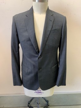 EMPORIO ARMANI, Dk Gray, Navy Blue, Black, Wool, Plaid, Notched Lapel, Single Breasted, Button Front, 2 Buttons, 3 Pockets