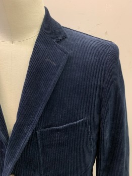 Mens, Sportcoat/Blazer, BROOKS BROTHERS, Navy Blue, Cotton, Spandex, Solid, 42L, Single Breasted, 3 Buttons, Notched Lapel, 3 Pockets, Corduroy, Brown Suede Elbow Patches