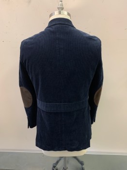 Mens, Sportcoat/Blazer, BROOKS BROTHERS, Navy Blue, Cotton, Spandex, Solid, 42L, Single Breasted, 3 Buttons, Notched Lapel, 3 Pockets, Corduroy, Brown Suede Elbow Patches