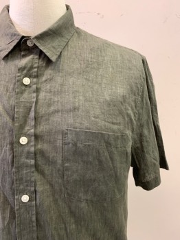 Mens, Casual Shirt, VINCE, Dk Green, Linen, Solid, L, S/S, Button Front, Collar Attached, Chest Pocket