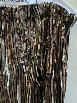 Womens, 1970s Vintage, Piece 1, N/L, Gold, Bronze Metallic, Black, Sequins, Stripes, W30, B36+, JUMPSUIT, Strapless, Elastic Bust, Waistband, Cuffs