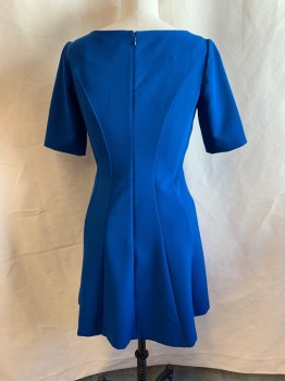 Womens, Dress, Short Sleeve, ANN TAYLOR, Primary Blue, Polyester, Spandex, Solid, 4, Round Neck, Short Sleeves, Zip Back