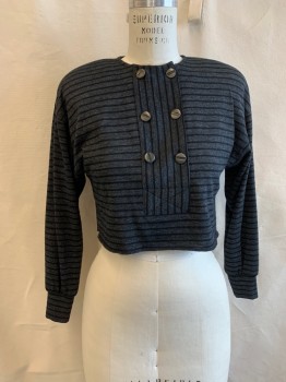 Womens, 1980s Vintage, Piece 1, N/L, Dk Gray, Black, Wool, Stripes, Heathered, W26-28, B36, TOP, Round Neck, 6 Buttons Down Front, L/S, Shoulder Pads, Cropped