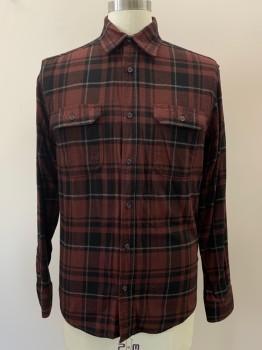Mens, Casual Shirt, GEORGE, Brick Red, Black, Gray, Cotton, Rayon, Plaid, M, L/S, Button Front, Collar Attached, Chest Pocket,