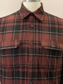 Mens, Casual Shirt, GEORGE, Brick Red, Black, Gray, Cotton, Rayon, Plaid, M, L/S, Button Front, Collar Attached, Chest Pocket,