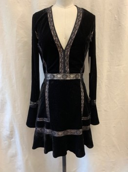 SAYLOR, Black, Polyester, Viscose, V-neck, Long Sleeves, Bell Sleeves, Lace Trim, Lace, See Through Waist, A-Line, Hem Above Knee