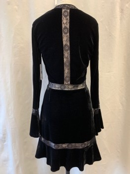 SAYLOR, Black, Polyester, Viscose, V-neck, Long Sleeves, Bell Sleeves, Lace Trim, Lace, See Through Waist, A-Line, Hem Above Knee