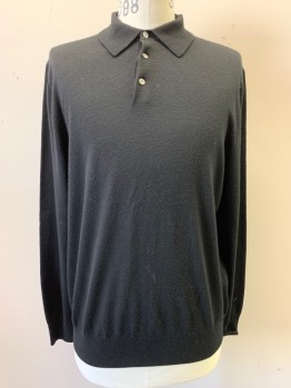 Mens, Pullover Sweater, BROOKS BROTHERS, Black, Wool, L, Collar Attached, Half Button Front, Long Sleeves, Knit