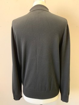 Mens, Pullover Sweater, BROOKS BROTHERS, Black, Wool, L, Collar Attached, Half Button Front, Long Sleeves, Knit