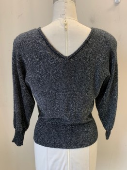 Womens, Sweater, CRISTINA'S, Black, Silver, Synthetic, Metallic/Metal, 2 Color Weave, M, CN, Deep V Back, Dolman Sleeve, Swirl Beading And Sequins