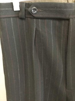 Mens, Pants, N/L, Black, Red, White, Wool, Stripes, 34/29, Pleated Front, Button Tab, Belt Loops, Suspender Buttons