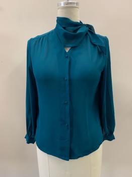 LADY ARROW, Teal Green, Polyester, Solid, Chiffon, V-neck with Attached Self Tie, B.F. with Self Covered Btns, L/S