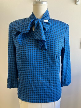 FERRARI, Blue/Black Houndstooth Print Poly Pull On Blouse, V-N with Scarf Tie, Back Zip, Shoulder pads, L/S,