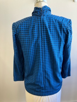 FERRARI, Blue/Black Houndstooth Print Poly Pull On Blouse, V-N with Scarf Tie, Back Zip, Shoulder pads, L/S,