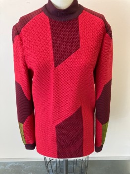 MTO, Red Burgundy, Green, Red, Polyester, Textured Fabric, Ribbed, Mock Neck, Waffle, & Quilted  Inset, CB Zip