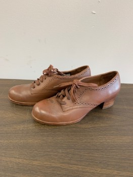 Womens, Shoes, ALL HEELS, Brown, Leather, 6.5, Brogue Details Along Sides, Lace Up, Stain On Left Shoe Vamp, Low Block Heel