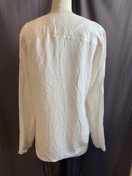 Womens, Blouse, THEORY, White, Silk, Solid, M, V-neck, Pullover, Ruffle Front, Long Sleeves