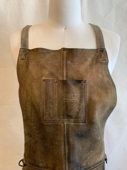 WELDMARK, Brown, Suede, Welding Apron, 2 Pockets, Cotton Web Adjustable Straps, Side Release Buckles, Loops with Silver Rings on Waist
