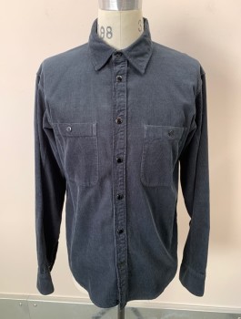 Mens, Casual Shirt, RAG & BONE, Steel Blue, Poly/Cotton, Solid, M, L/S, B.F., Snap Front, Chest Pockets With Buttons, Corduroy, Black Buttons And Snaps