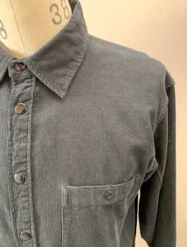 Mens, Casual Shirt, RAG & BONE, Steel Blue, Poly/Cotton, Solid, M, L/S, B.F., Snap Front, Chest Pockets With Buttons, Corduroy, Black Buttons And Snaps