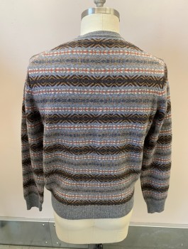 Mens, Pullover Sweater, BROOKS BROTHERS, Heather Gray, Blue-Gray, Tan Brown, Orange, Multi-color, Wool, Stripes, Geometric, L, L/S, V-N, Rib Knit Waistband, Cuffs And Neckline