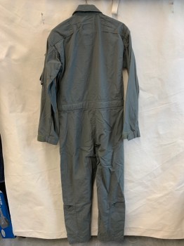 Mens, Coveralls/Jumpsuit, PROPPER, Olive Green, Cotton, Solid, 46R, (MULTIPLE) (Distressed/aged) Collar Attached, Shoulder Patch, Zip Front, 5 Pockets with Zipper, 1" Self Waist Belt with Velcro, Long Sleeves with Velcro Cuffs (1 Pocket with Zipper on Left Arm), Zipper at Both Side Pants Hem