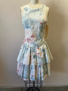 ALL THAT JAZZ, Pastel Lt Blue White Peach Mauve Floral, Cotton, Slvls, Back Zip, Smocked Back, 2 Tiered Self Ruffled Skirt