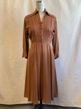 MTO, Brown, Rayon, Solid, Long Sleeves, Button Front with Decorative Button Placket (1 Button Hole Repaired), Pointy Collar Attached , Pleated Skirt, Side Zip, Hem Below Knee (Stain at Center Front Top and Another on Skirt)