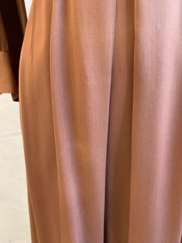 MTO, Brown, Rayon, Solid, Long Sleeves, Button Front with Decorative Button Placket (1 Button Hole Repaired), Pointy Collar Attached , Pleated Skirt, Side Zip, Hem Below Knee (Stain at Center Front Top and Another on Skirt)