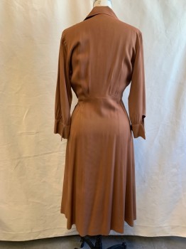 Womens, Dress, MTO, Brown, Rayon, Solid, W 26, B 38, Long Sleeves, Button Front with Decorative Button Placket (1 Button Hole Repaired), Pointy Collar Attached , Pleated Skirt, Side Zip, Hem Below Knee (Stain at Center Front Top and Another on Skirt)