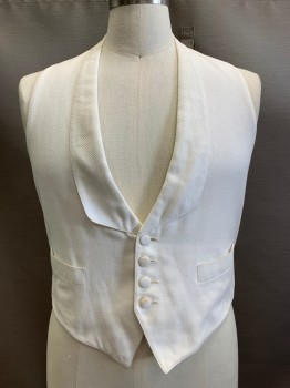 NO LABEL, Cream, Silk, Solid, Self Squared Pattern, Shawl Collar, 4 Button Front, Welt Pockets, Back Waist Strap Belt, Aged & Stained