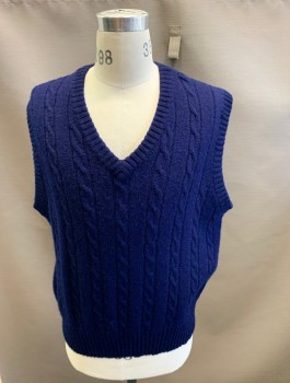 CHRISTOPHER HAYES, Navy Blue, Wool, Cable Knit, V/N, Pullover,