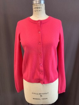 Womens, Cardigan Sweater, BLOOMINGDALE'S, Hot Pink, Cashmere, Solid, M, Round Neck,  7 Pink Buttons Down Front