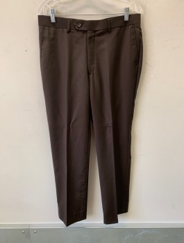 CARLO LUSSO, Chocolate Brown, Polyester, Rayon, Solid, Flat Front, Button Tab, 4 Pockets, Belt Loops