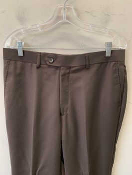 Mens, Suit, Pants, CARLO LUSSO, Chocolate Brown, Polyester, Rayon, Solid, I:32, W:34, Flat Front, Button Tab, 4 Pockets, Belt Loops