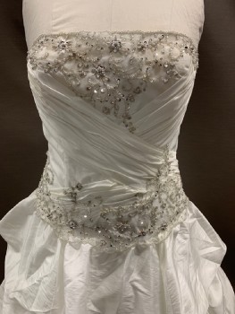 STELLA FORMALS, Ivory White, Polyester, Strapless, Removable Straps, Criss Cross Ruching, Beading Over Bust And Waist, Lace Up Back, Draped Skirt, Ball Gown, Dirty Hem