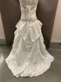 STELLA FORMALS, Ivory White, Polyester, Strapless, Removable Straps, Criss Cross Ruching, Beading Over Bust And Waist, Lace Up Back, Draped Skirt, Ball Gown, Dirty Hem