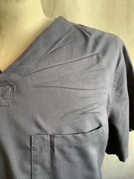 BLUE LABEL, Dk Gray, Polyester, Rayon, Solid, V-neck, Short Sleeves, 1 Chest Pocket
