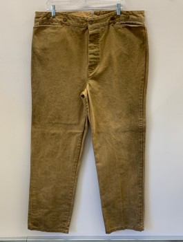 Mens, Historical Fiction Pants, NL, Tan Brown, Cotton, Solid, 35, 38, F.F, Button Front, 3 Pockets, Metal Suspender Buttons, Back Half Belt, 1 Pocket, Aged/Distressed