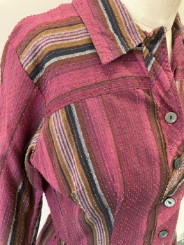 N/L, Raspberry Pink, Silk, Stripes, Slub Texture, C.A. Black/golden Brown/ Grey / Raspberry/  Stripes, , B.F. At Placket, 3/4 Slv, Pleated At Skirt, Side Zipper
