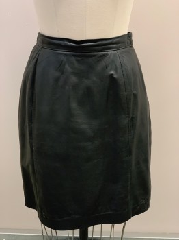 Womens, 1980s Vintage, Piece 2, WILSONS LEATHER, Black, Leather, Solid, H36, W26, Leather Skirt, F.F, Back Zipper