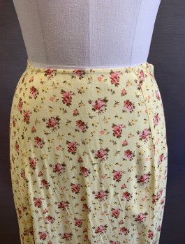 Womens, Skirt, Long, REFORMATION, Butter Yellow, Pink, Lt Pink, Brown, Viscose, Rayon, Floral, Sz.6, Crepe, Maxi Skirt, Tall Slit Up Front Side Seam, Invisible Zipper In Back, 90's Inspired