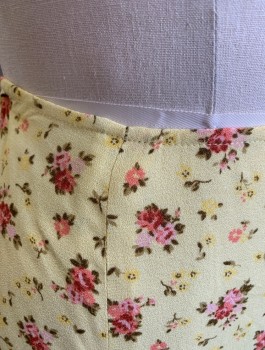 REFORMATION, Butter Yellow, Pink, Lt Pink, Brown, Viscose, Rayon, Floral, Crepe, Maxi Skirt, Tall Slit Up Front Side Seam, Invisible Zipper In Back, 90's Inspired